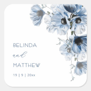 Artistic Blue Flowers   Wedding Square Sticker