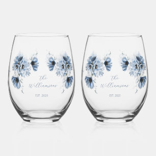 Artistic Blue Flowers Wedding Stemless Wine Glass