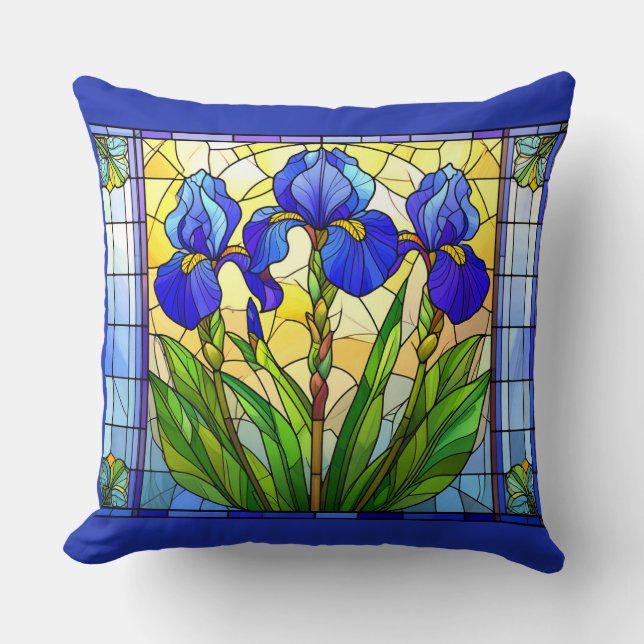 Artistic Blue Iris Floral Throw Pillow (Front)