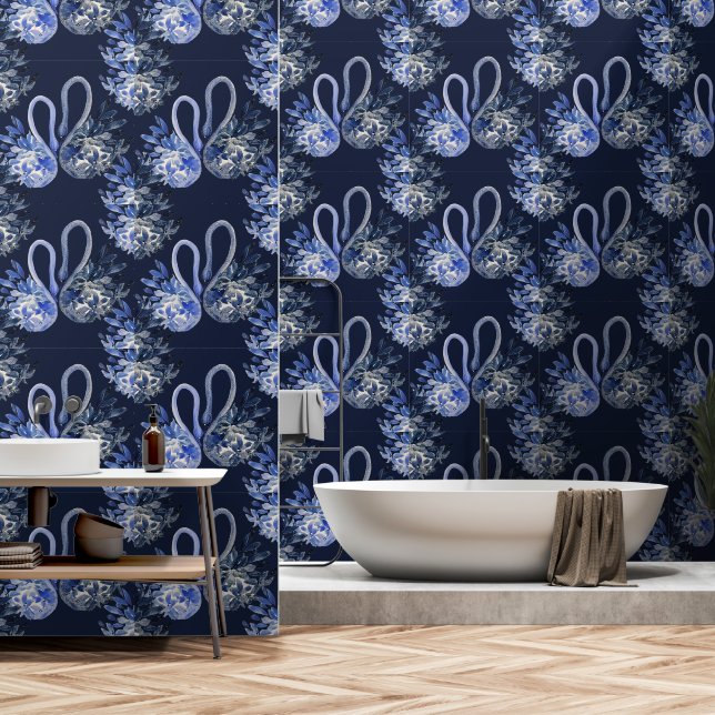 Artistic Blue Swans Watercolor Hand-painted Wallpaper (Bathroom)