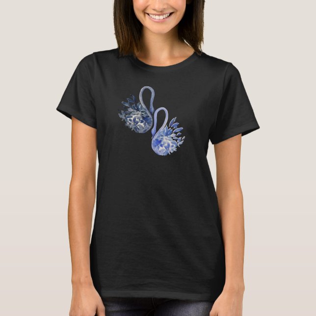 Artistic Blue Swans Watercolor  T-Shirt (Front)