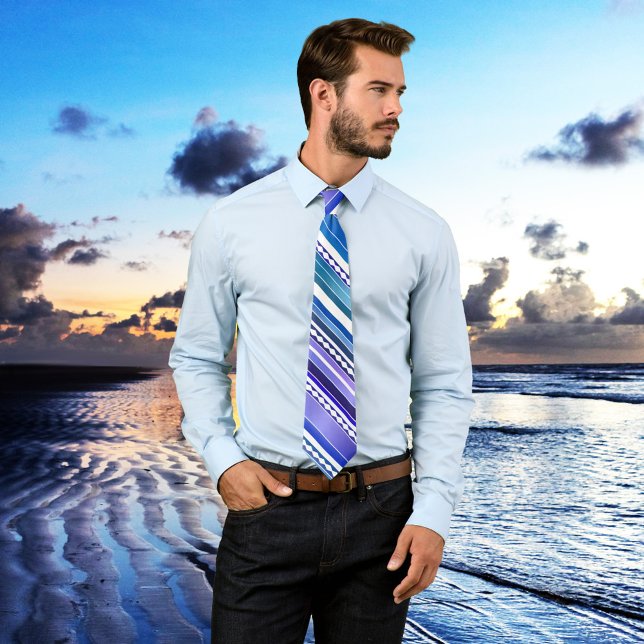 Artistic Blue Teal Purple with White Striped Tie (Modern tie featuring an artistic abstract striped pattern in teal, blue and purple with white.)