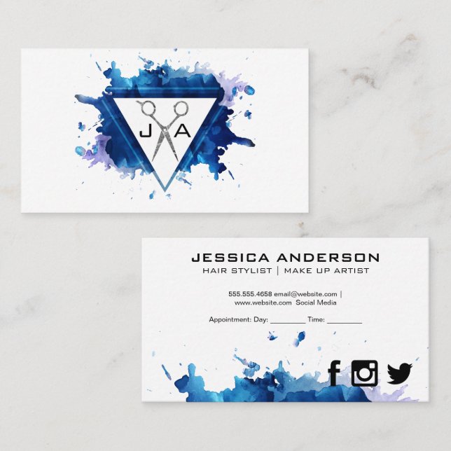 Artistic | Blue Watercolor | Scissors Appointment Card (Front/Back)
