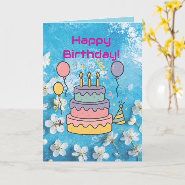 Artistic Blue White Cherry Blossom Birthday Card (Yellow Flower)