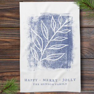 Artistic Blue White Twig Family Christmas  Tea Towel