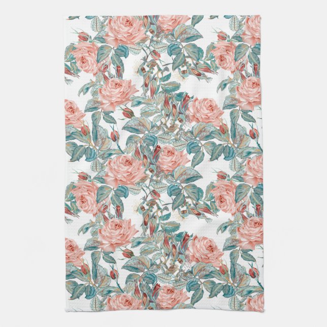 Artistic Blush Peach and Coral Roses Tea Towel (Vertical)