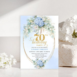 Artistic Boho 70th Birthday Watercolor Blue Floral Invitation