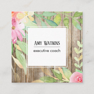 Artistic Boho Watercolor Flowers Rustic Brown Wood Square Business Card