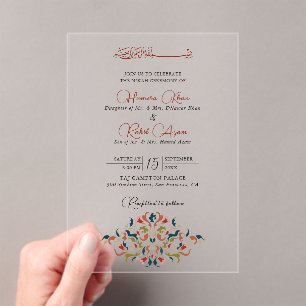 Artistic Botanical Floral Paisley Muslim Wedding Acrylic Invitations