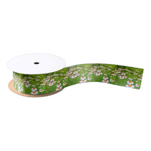 Artistic Bright and Colourful White Garden Daisies Satin Ribbon