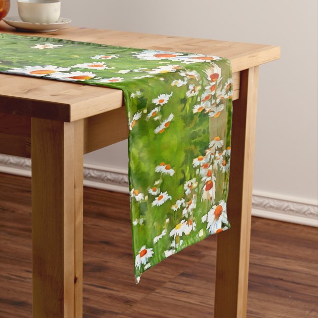 Artistic Bright and Colourful White Garden Daisies Short Table Runner (In Situ)