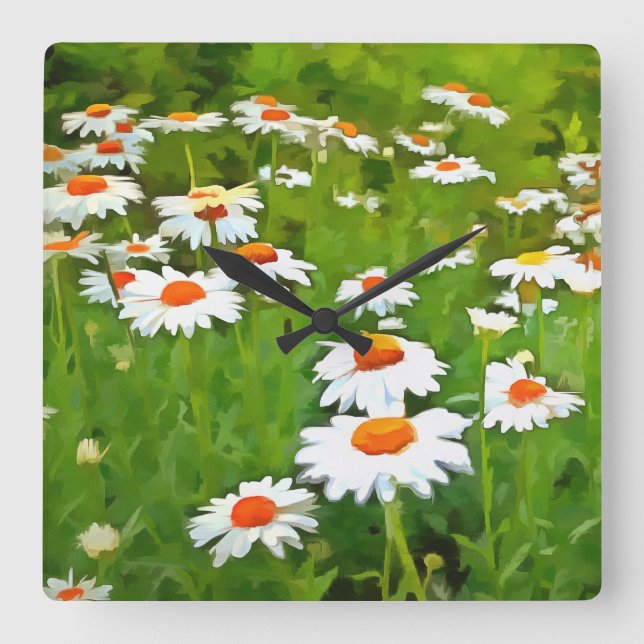 Artistic Bright and Colourful White Garden Daisies Square Wall Clock (Front)