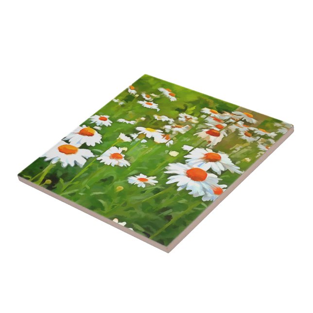 Artistic Bright and Colourful White Garden Daisies Tile (Side)