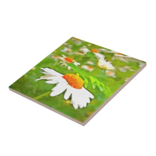 Artistic Bright Colourful White Garden Daisies v5 Tile