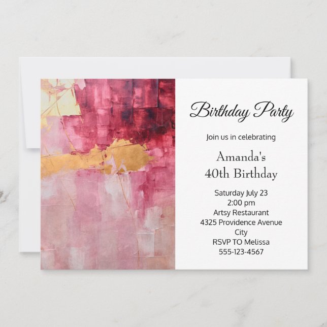 Artistic Brush Strokes Gold and Pink Birthday Invitation (Front)