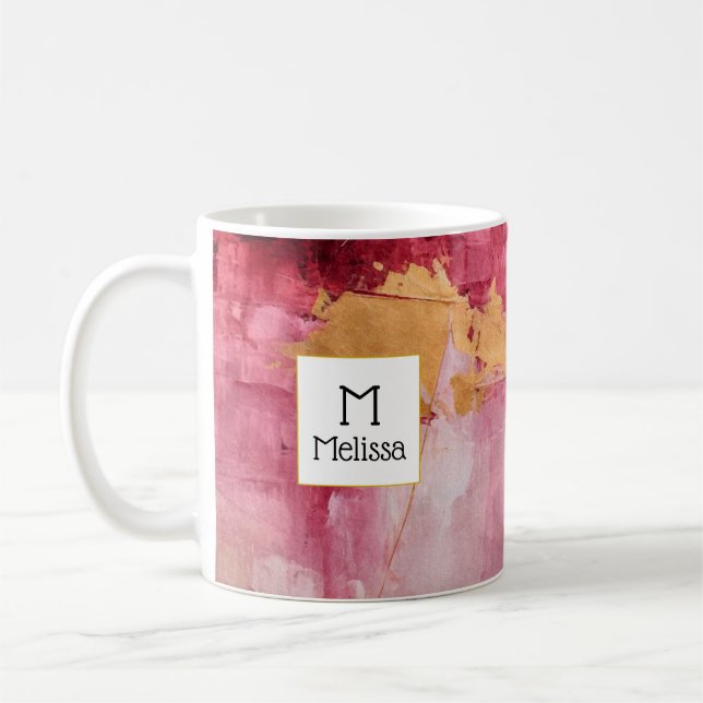  Artistic Brush Strokes Gold and Pink Monogram Coffee Mug (Left)