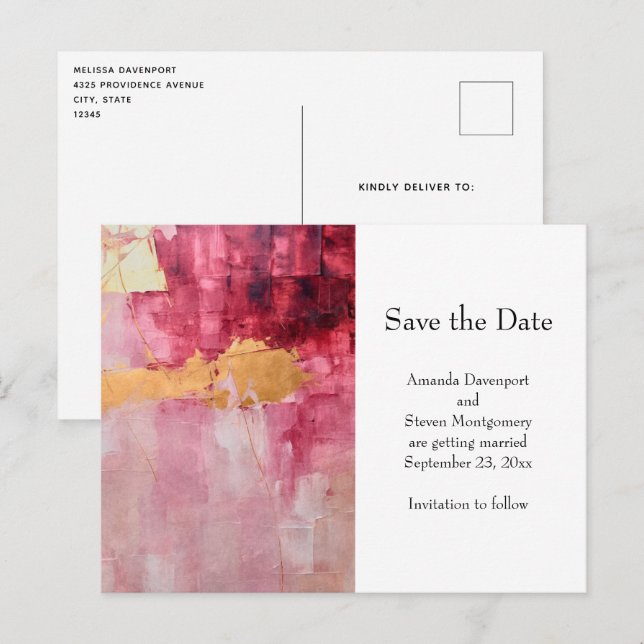 Artistic Brush Strokes Gold and Pink Wedding Announcement Postcard (Front/Back)