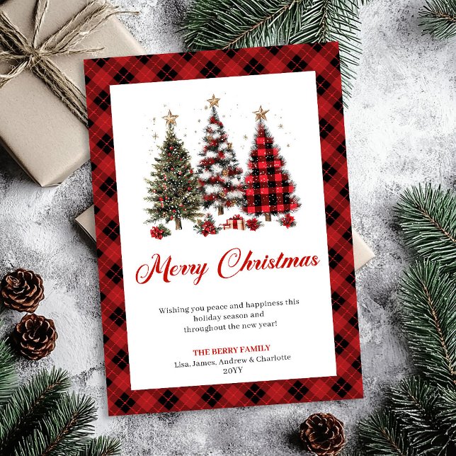 Artistic Buffalo Plaid Christmas Tree Gold Accent Holiday Card (Artistic Buffalo Plaid Christmas Tree Gold Accent)