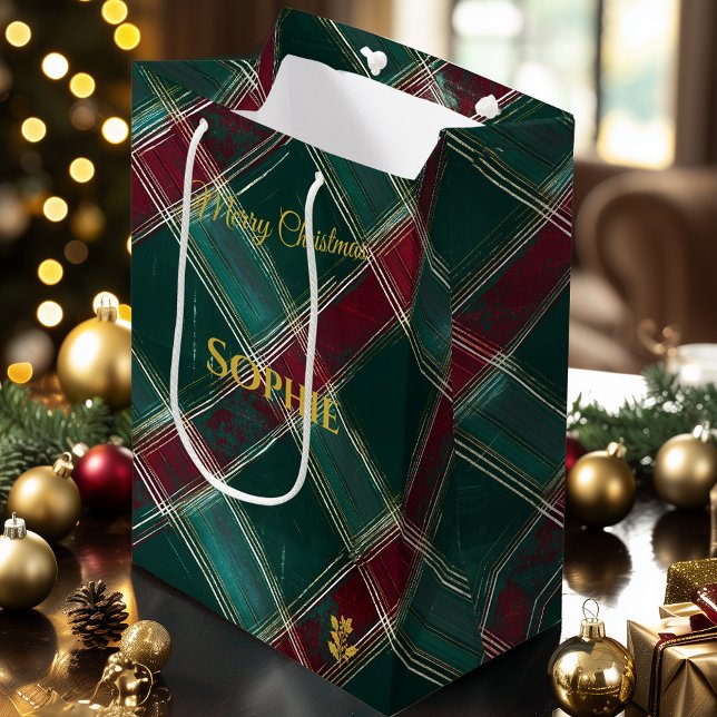 Artistic Burgundy and Green Plaid Christmas Custom Medium Gift Bag (Creator Uploaded)