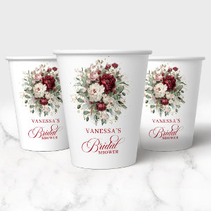 Artistic Burgundy Floral Bridal Shower Paper Cups