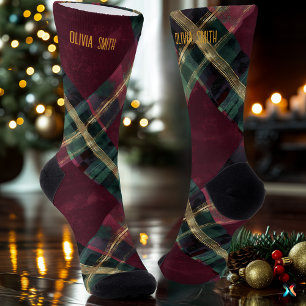 Artistic Burgundy & Green Christmas Plaid Custom Socks