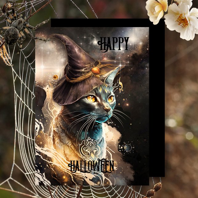 Artistic Cat Halloween Holiday Card (A fun artistic Halloween card featuring a kitty with witches hat on a dark starry night.)