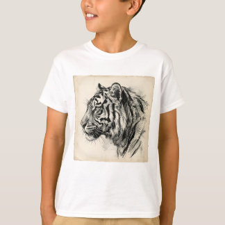 Artistic Charcoal Tiger Profile Sketch on Aged  T-Shirt