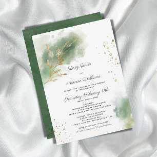 Artistic Chic Moss Green Watercolor Gold Wedding Invitation