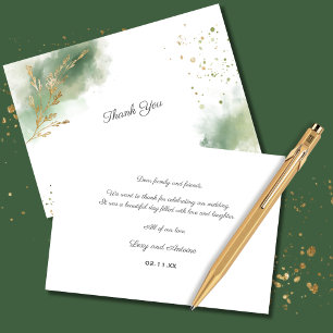 Artistic Chic Moss Green Watercolor Gold Wedding  Thank You Card