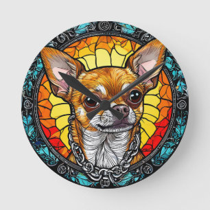 Artistic Chihuahua Illustration in Stained Glass Round Clock