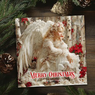 Artistic Christmas angel red poinsettias cheerful  Holiday Card