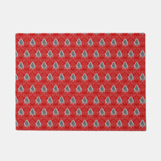 Artistic Christmas Tree Pattern Grey Red Holiday Doormat
