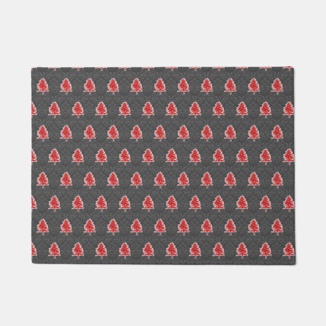 Artistic Christmas Tree Pattern Red Grey Holiday  Doormat (Front)