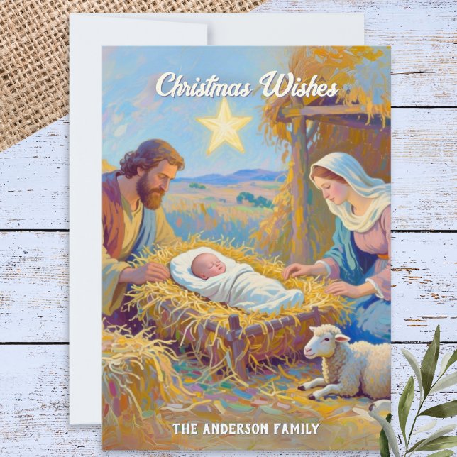 Artistic Christmas Wishes Holy Family Nativity Holiday Card (A rustic personalized Christmas card with nativity scene)