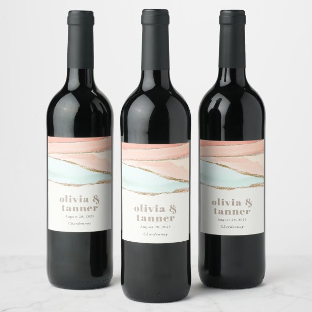 Artistic Coastal Watercolor Abstract Wedding Wine Label (Bottles)