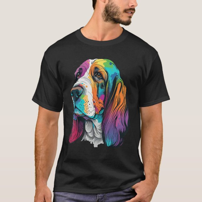 Artistic Colorful Pop painted Basset Hound T-Shirt (Front)