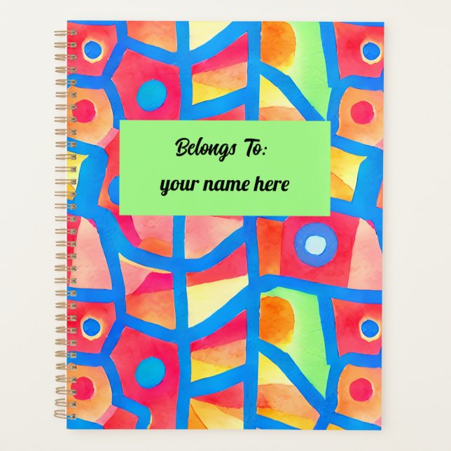 Artistic colourful abstract geometric personalised planner (Front)