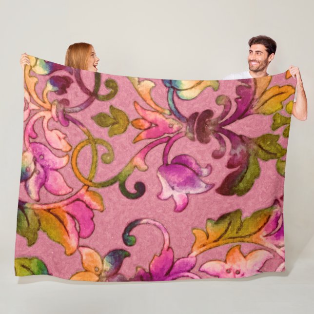 Artistic Colourful Damask Pink Fleece Blanket (In Situ)