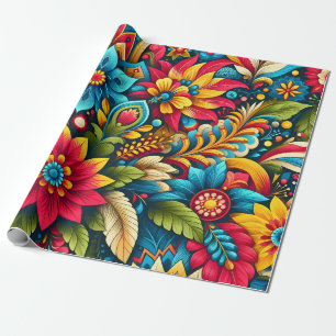 Artistic Colourful Flowers and Leaves Wrapping Paper