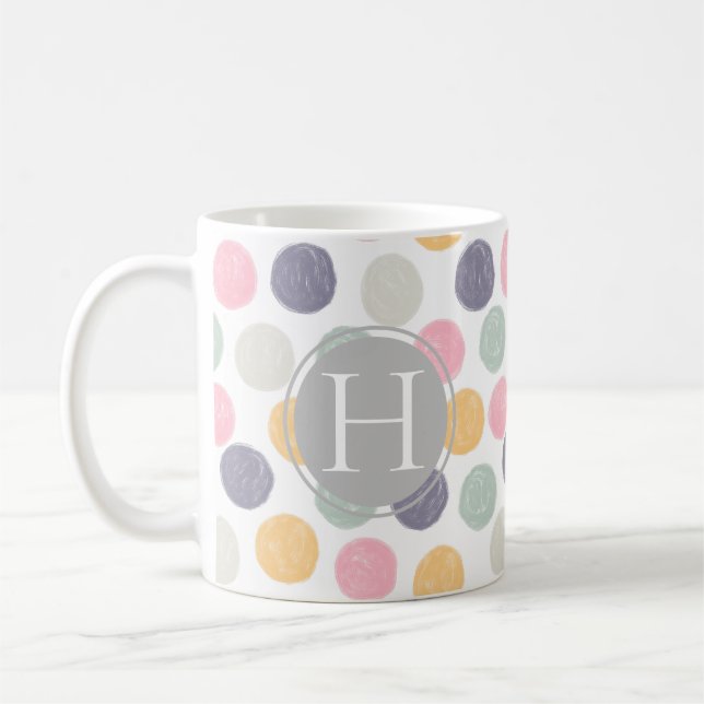artistic colourful pastel polka dot monogram coffee mug (Left)