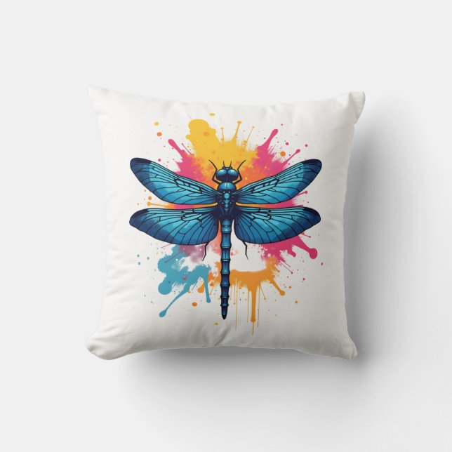 Artistic Colourful Pop Art painted Dragonfly Cushion (Front)