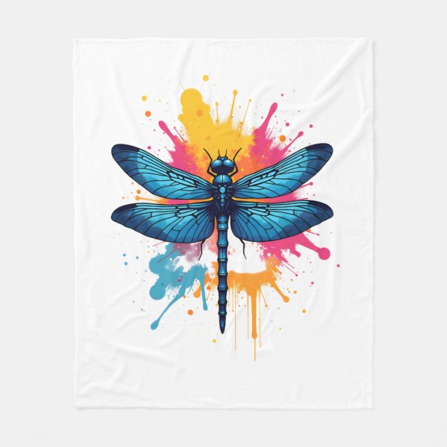 Artistic Colourful Pop Art painted Dragonfly Fleece Blanket (Front)