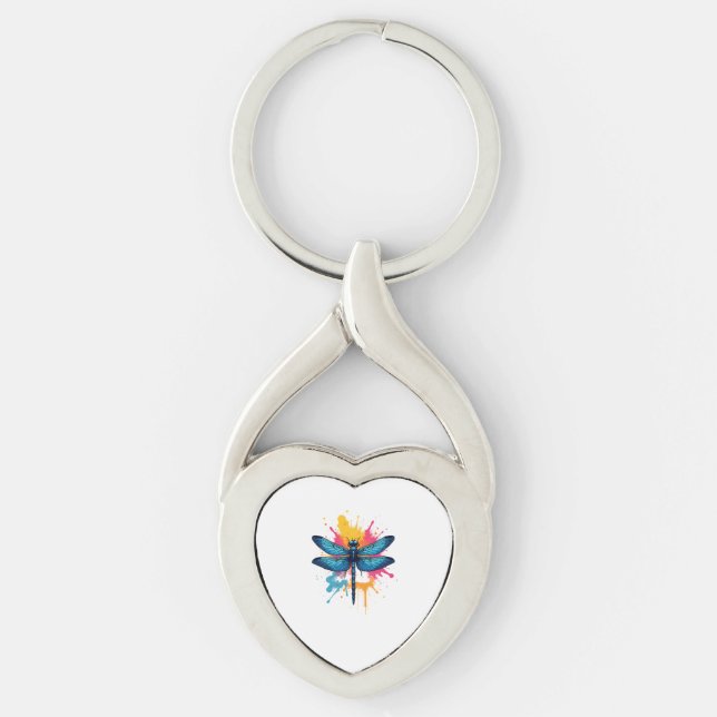 Artistic Colourful Pop Art painted Dragonfly Key Ring (Front)