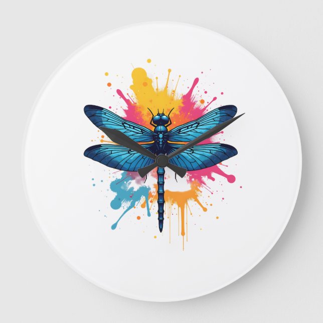 Artistic Colourful Pop Art painted Dragonfly Large Clock (Front)