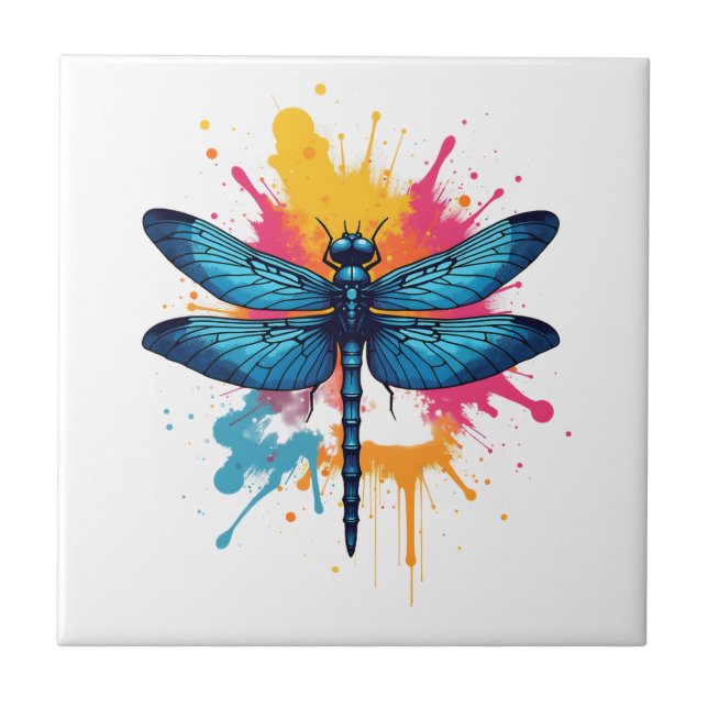Artistic Colourful Pop Art painted Dragonfly Tile (Front)