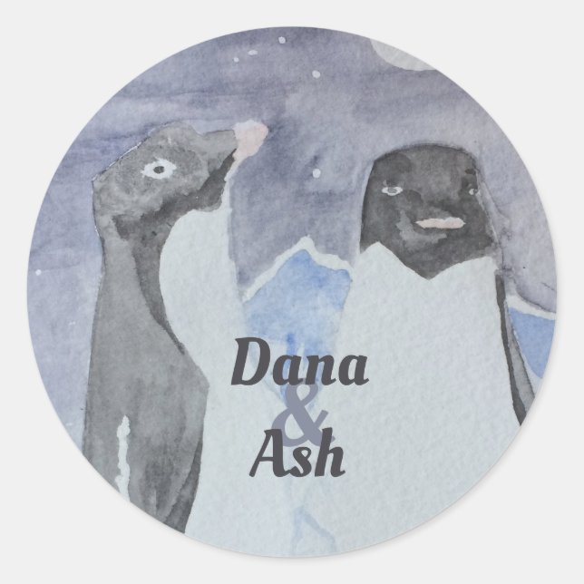 Artistic Cute Penguin Couple Classic Round Sticker (Front)