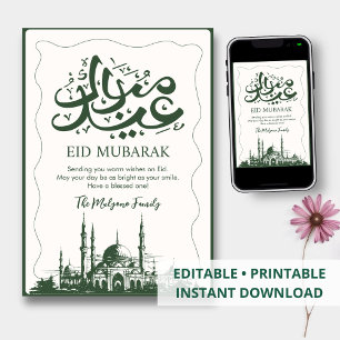 Artistic Dark Green Mosque Sketch Eid Mubarak Card