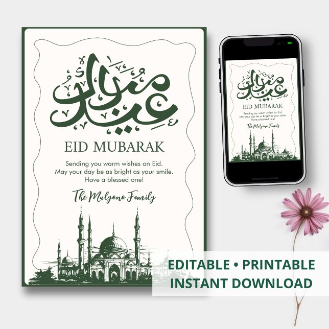 Artistic Dark Green Mosque Sketch Eid Mubarak Card (Creator Uploaded)