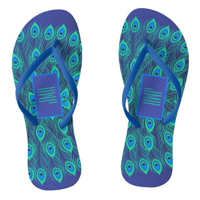 ARTISTIC DECO BLUE TEAL PEACOCK FEATHER & MONOGRAM JANDALS (Footbed)