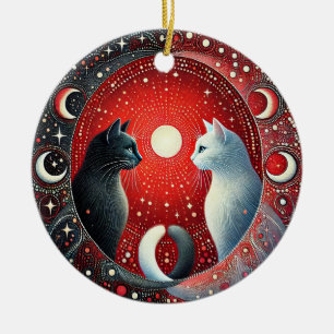 Artistic Depiction of Yin and Yang Cats Ceramic Tree Decoration